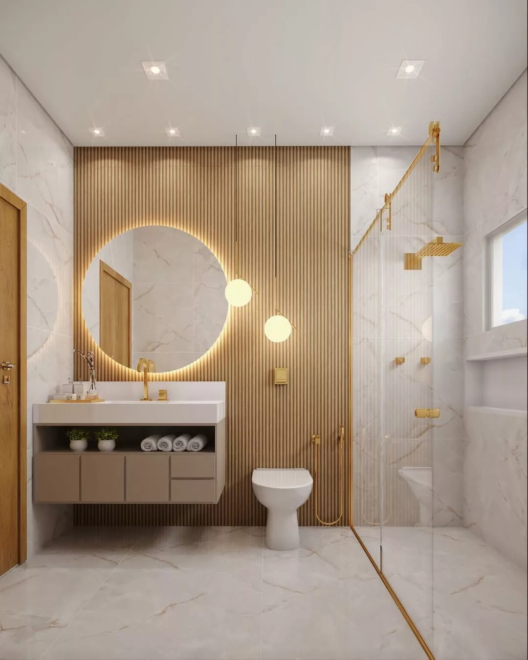 Decoração de banheiro com revestimento amadeirado