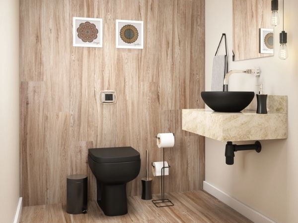 ideias de banheiro amadeirado pequeno e moderno