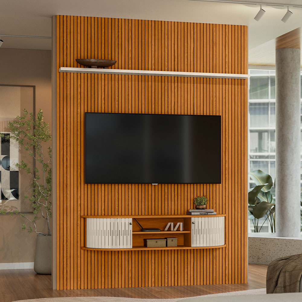 Decoração de sala com rack suspenso