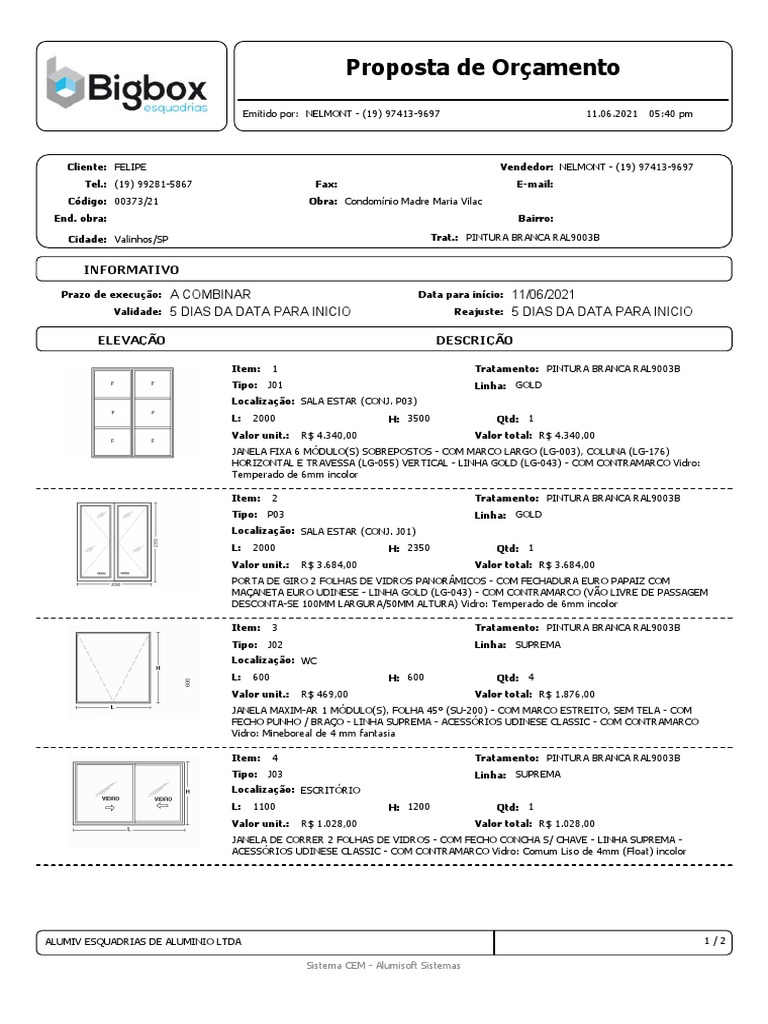 orçamento de esquadrias de aluminio