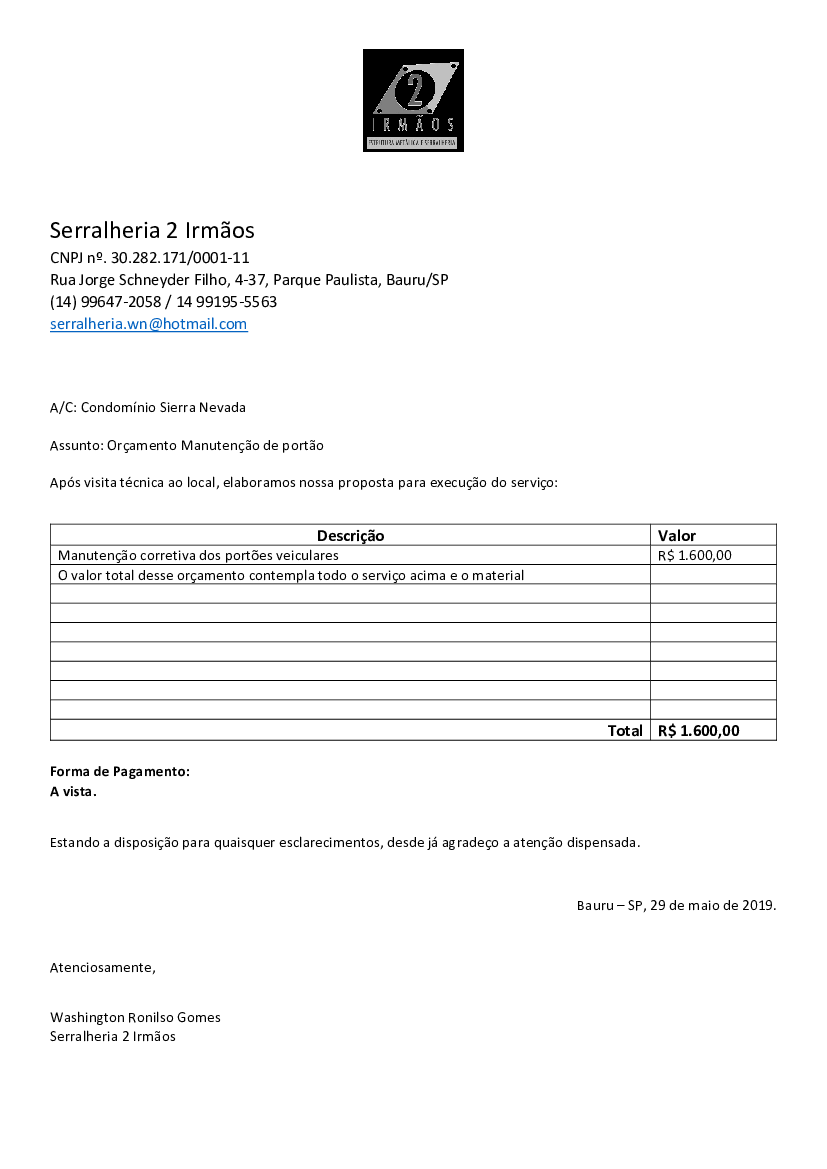 orçamento de serviço de serralheria
