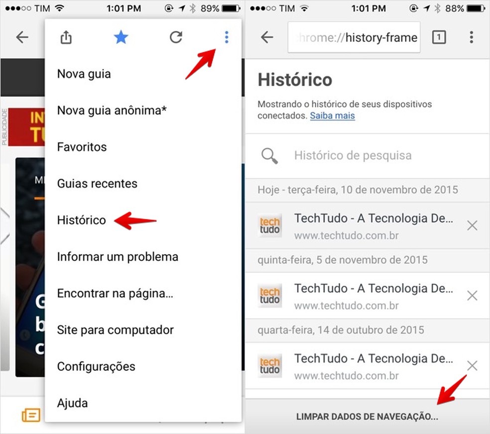 para limpar historico de navegação