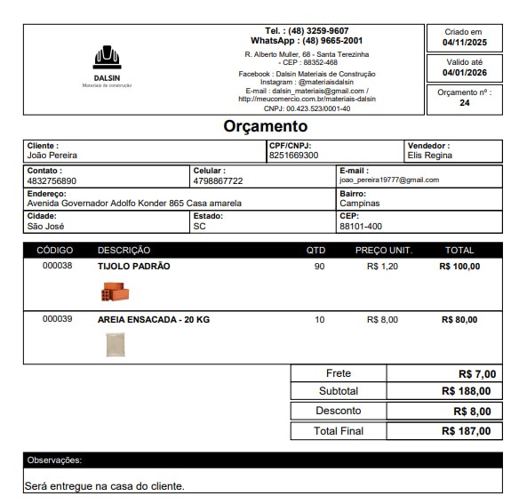 um orçamento de material de construção