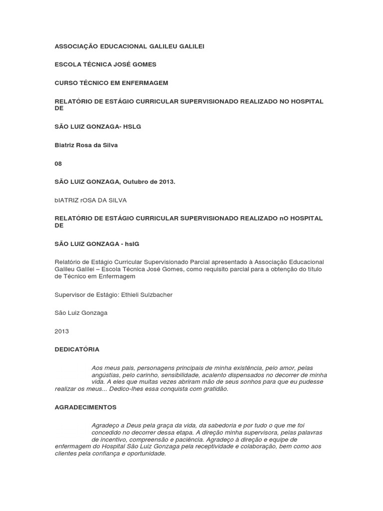exemplos de relatorio tecnico de enfermagem para estagio