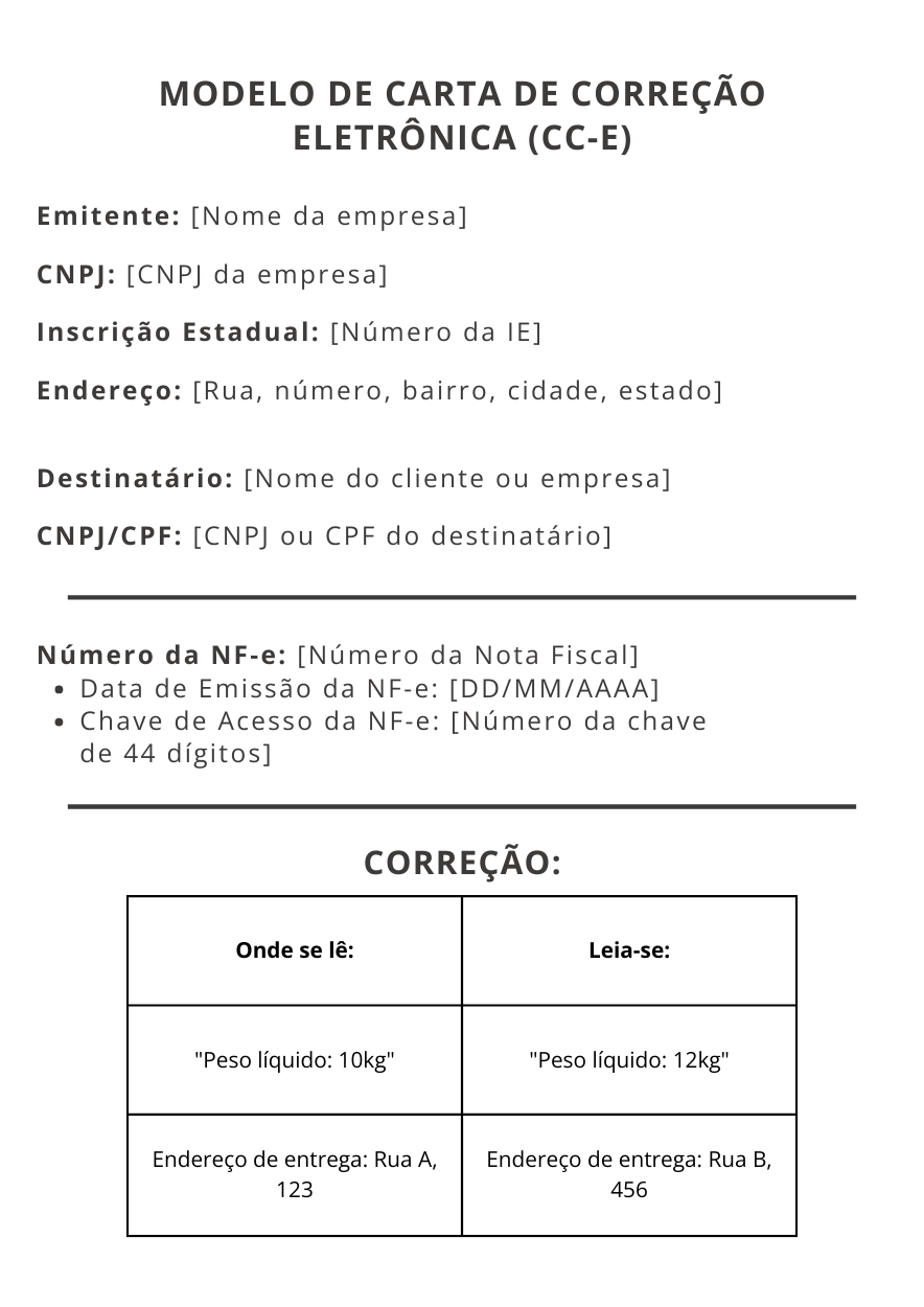 uma carta de correção de nota fiscal eletronica