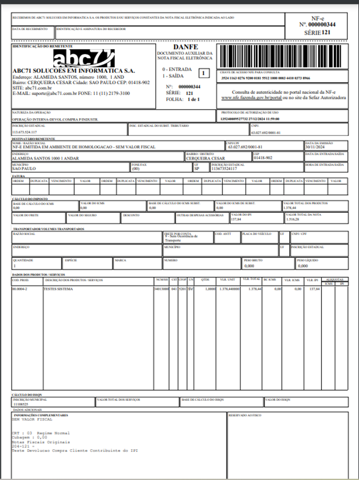 uma nota fiscal de devolução