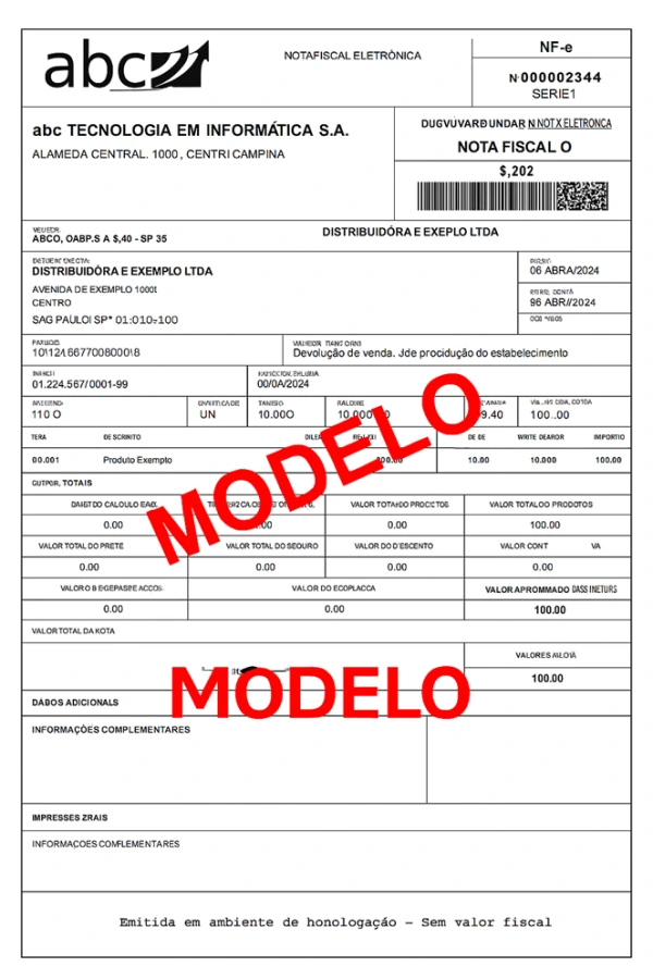 uma nota fiscal de devolução